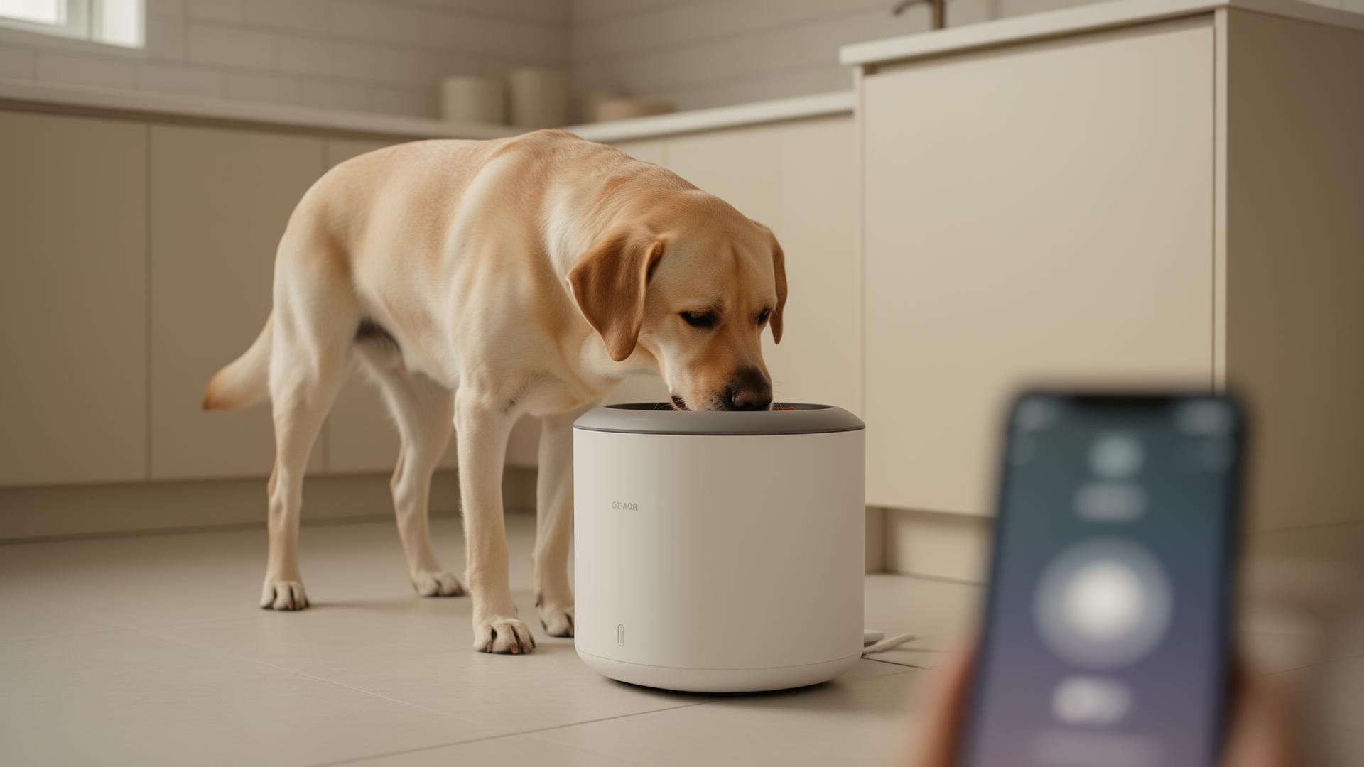 Dog using KIBO smart feeder
